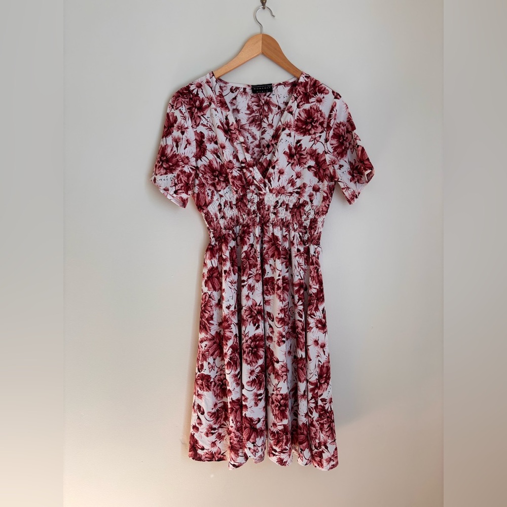 Red and White V-Neck Sleeve Midi Dress